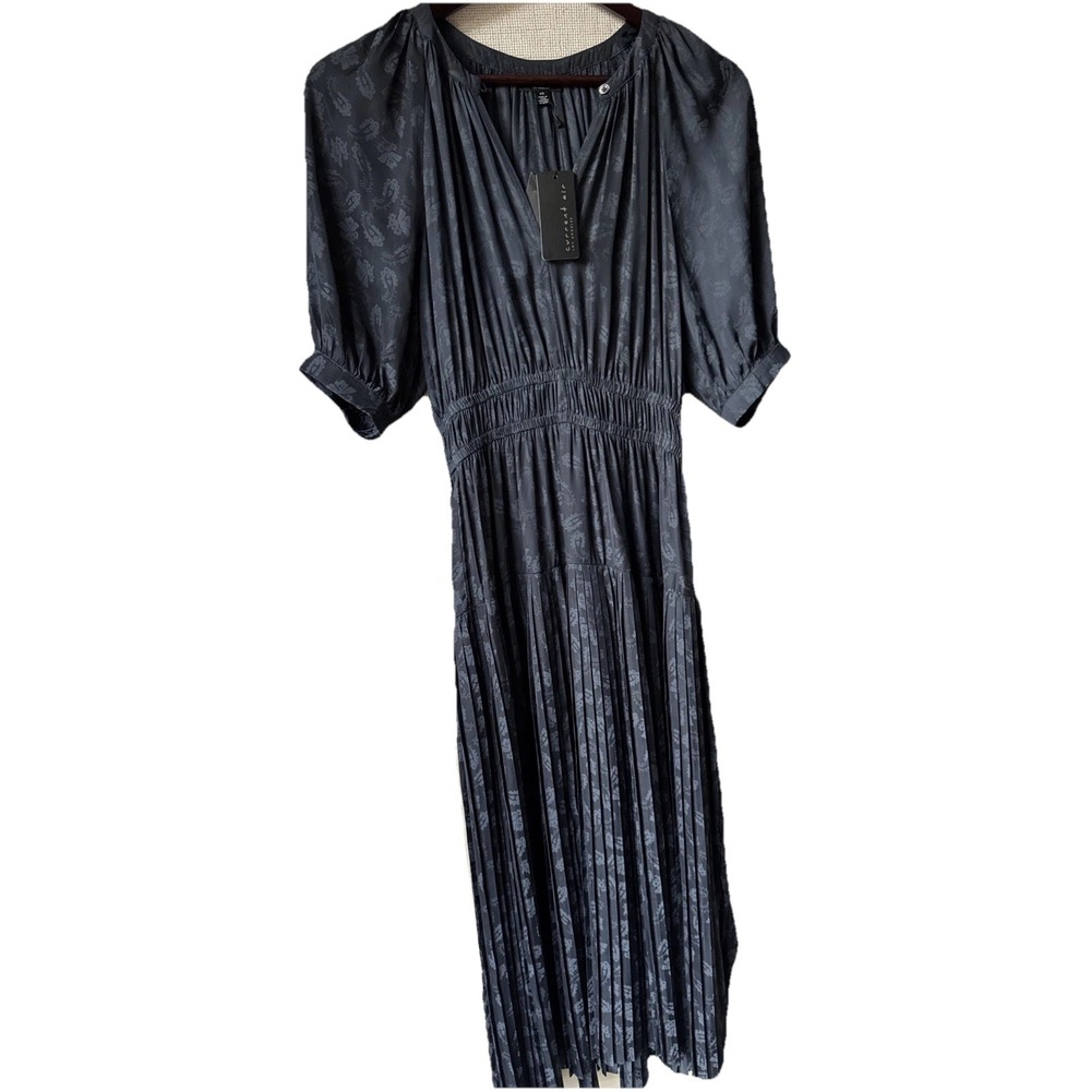 Current Air Anthropologie XS dress LOLA  gray‎ feather print boho lace up midi